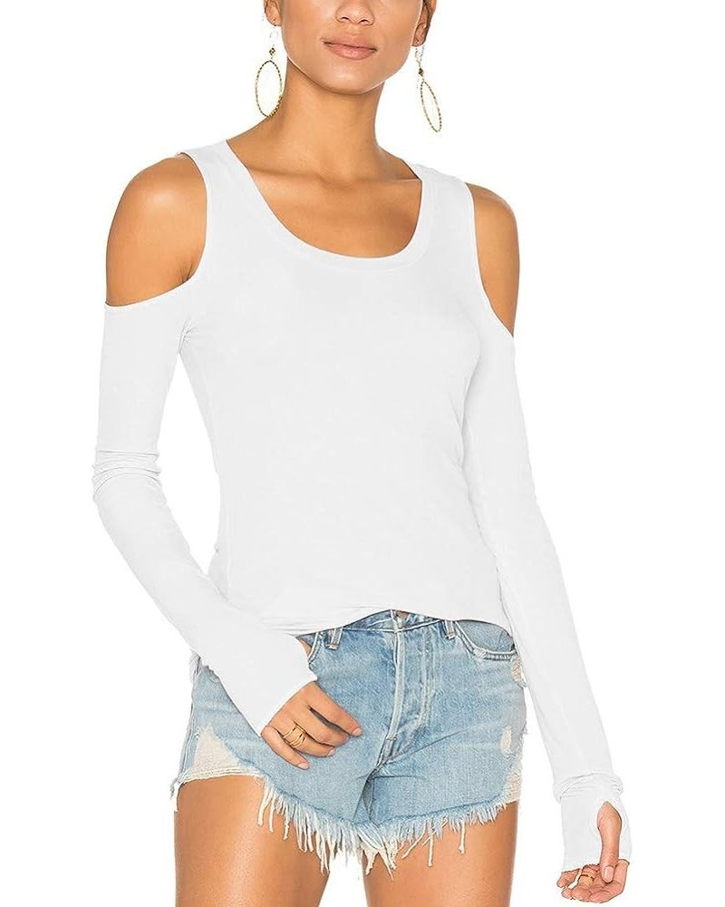 Cold Shoulder Long Sleeve Tops Fitted Long Workout Shirts for Women with Thumb Holes White $11.25 Activewear