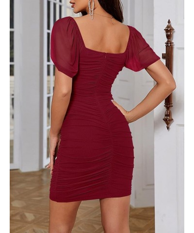 Women's Mesh Short Sleeve Square Neck Ruched Party Club Cocktail Bodycon Mini Dress Wine $21.92 Dresses