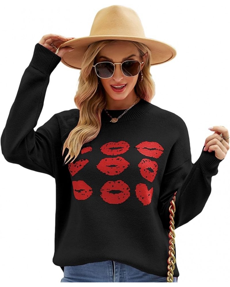 Valentine's Day Heart Print Sweat for Women Oversized Sweater Romantic Love Graphic Long Sleeve Crewneck Pullover Tops Black ...