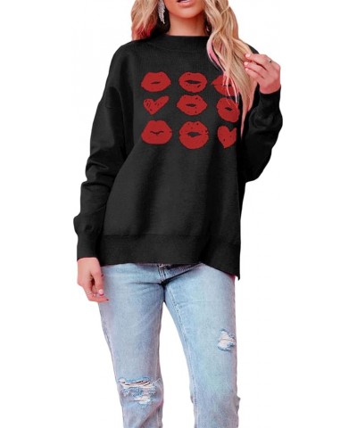 Valentine's Day Heart Print Sweat for Women Oversized Sweater Romantic Love Graphic Long Sleeve Crewneck Pullover Tops Black ...