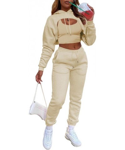 Women 3 Piece Outfits Sweatsuits Set - Sexy Long Sleeve Pullover Crop Top Hoodie Tank Joggers Sweatpants Workout Sets Beige $...