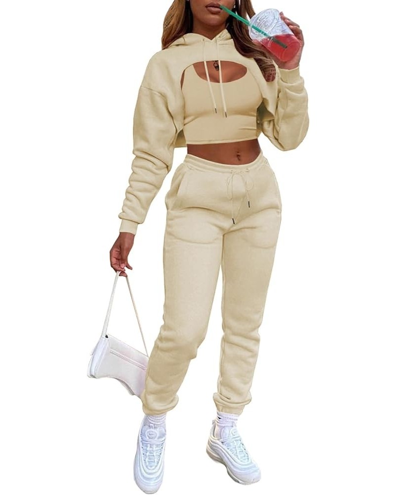 Women 3 Piece Outfits Sweatsuits Set - Sexy Long Sleeve Pullover Crop Top Hoodie Tank Joggers Sweatpants Workout Sets Beige $...