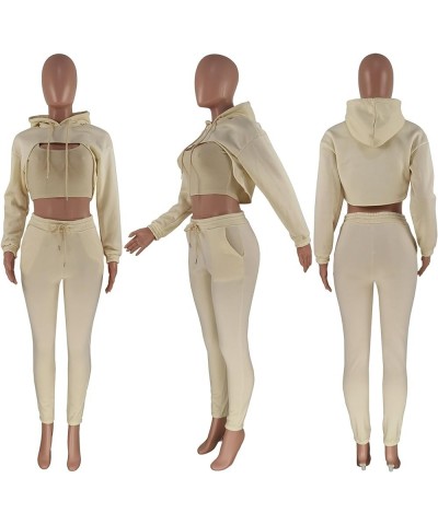 Women 3 Piece Outfits Sweatsuits Set - Sexy Long Sleeve Pullover Crop Top Hoodie Tank Joggers Sweatpants Workout Sets Beige $...