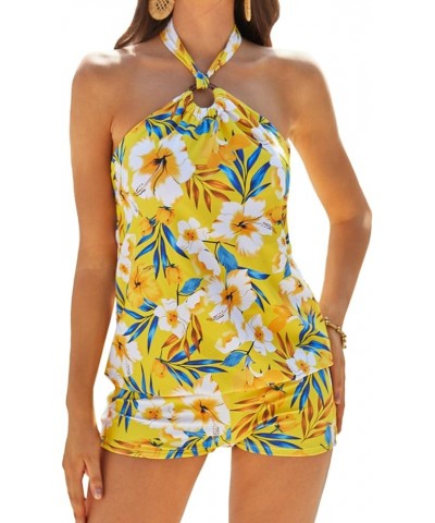 Tankini Bathing Suits for Women Two Piece Swimsuit with Shorts Halter Tie Up Neck Backless Floral Print Swimwear Yellow $20.8...