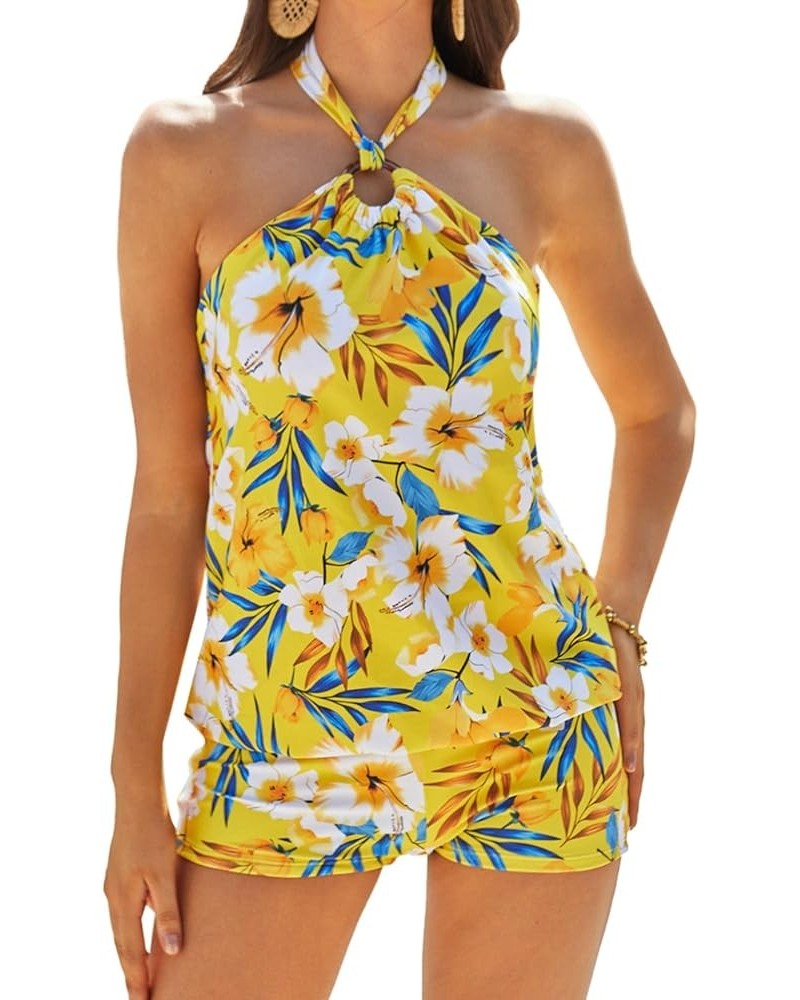 Tankini Bathing Suits for Women Two Piece Swimsuit with Shorts Halter Tie Up Neck Backless Floral Print Swimwear Yellow $20.8...