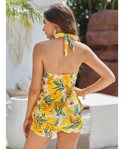 Tankini Bathing Suits for Women Two Piece Swimsuit with Shorts Halter Tie Up Neck Backless Floral Print Swimwear Yellow $20.8...