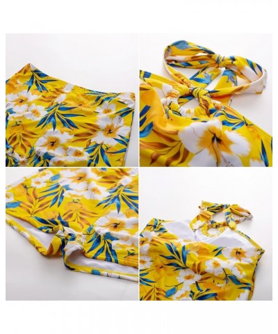 Tankini Bathing Suits for Women Two Piece Swimsuit with Shorts Halter Tie Up Neck Backless Floral Print Swimwear Yellow $20.8...