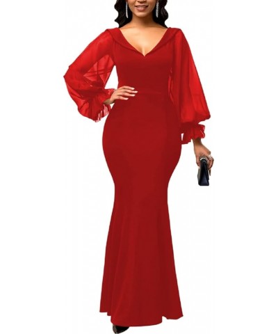 Evening Gowns for Women Formal Plus Size Long Sleeve Sexy Elegant V Neck Cocktail Party Long Floor Length Dresses Red11501 $2...