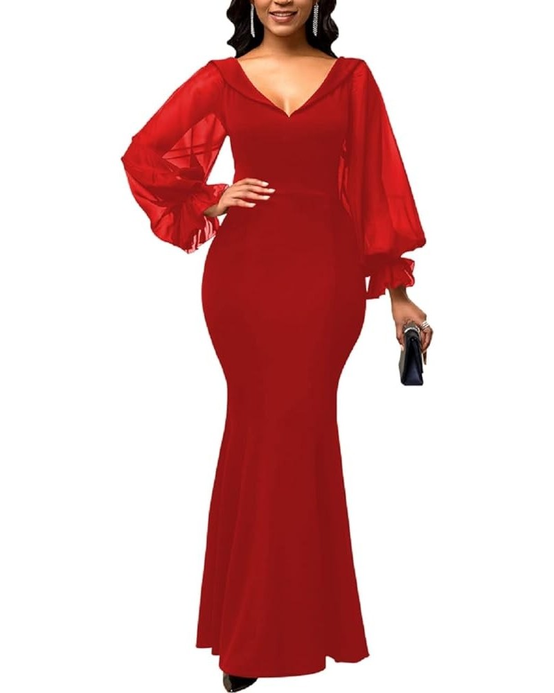 Evening Gowns for Women Formal Plus Size Long Sleeve Sexy Elegant V Neck Cocktail Party Long Floor Length Dresses Red11501 $2...