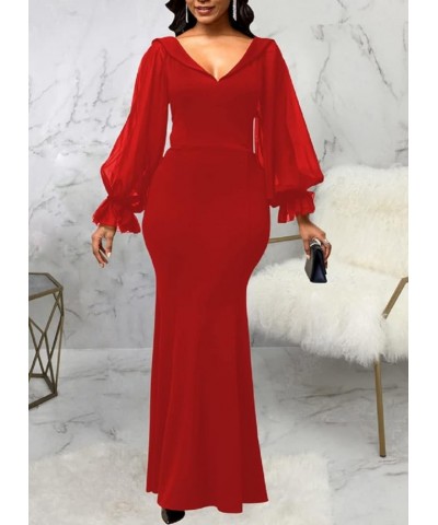 Evening Gowns for Women Formal Plus Size Long Sleeve Sexy Elegant V Neck Cocktail Party Long Floor Length Dresses Red11501 $2...