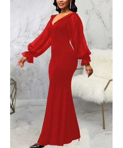 Evening Gowns for Women Formal Plus Size Long Sleeve Sexy Elegant V Neck Cocktail Party Long Floor Length Dresses Red11501 $2...