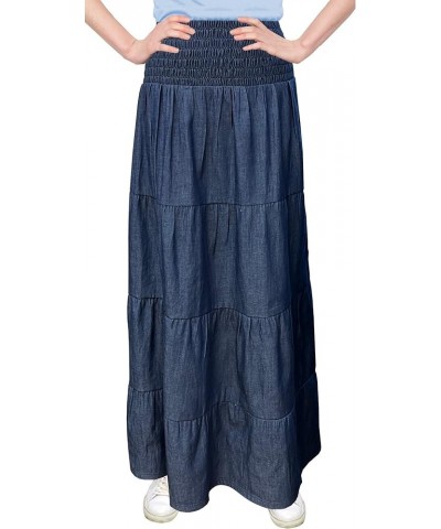 Baby'O Women's' Long Ankle Length Smocked Waist Summer Weight Denim Tiered Western Prairie Skirt Blue $31.79 Skirts