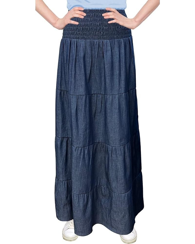 Baby'O Women's' Long Ankle Length Smocked Waist Summer Weight Denim Tiered Western Prairie Skirt Blue $31.79 Skirts