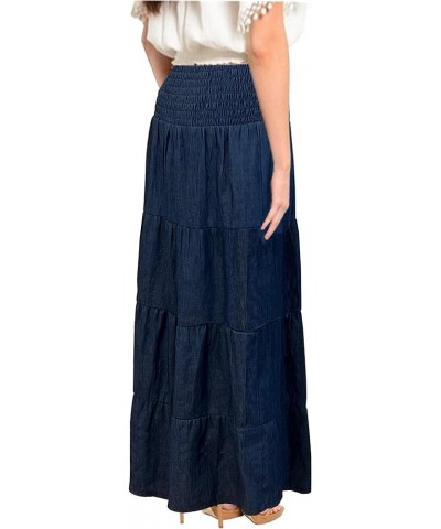 Baby'O Women's' Long Ankle Length Smocked Waist Summer Weight Denim Tiered Western Prairie Skirt Blue $31.79 Skirts