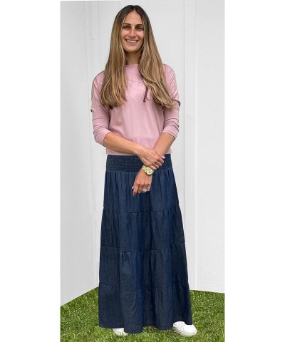 Baby'O Women's' Long Ankle Length Smocked Waist Summer Weight Denim Tiered Western Prairie Skirt Blue $31.79 Skirts