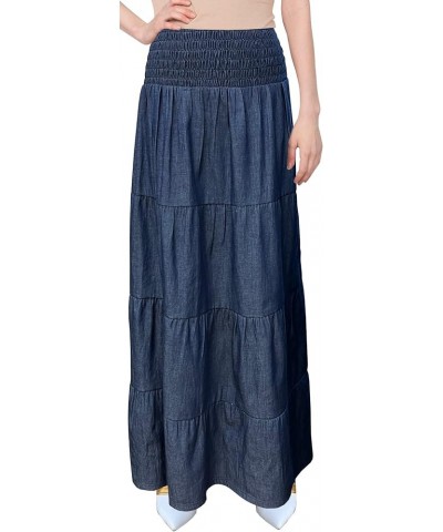 Baby'O Women's' Long Ankle Length Smocked Waist Summer Weight Denim Tiered Western Prairie Skirt Blue $31.79 Skirts