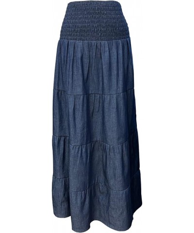 Baby'O Women's' Long Ankle Length Smocked Waist Summer Weight Denim Tiered Western Prairie Skirt Blue $31.79 Skirts