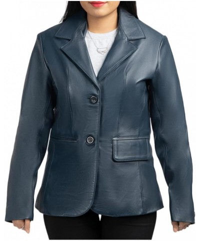 Classic 2 Women Leather Blazer -Lambskin jacket with Stylish Casual long Sleeves Coat Real Leather Jacket Women Blue $47.25 C...