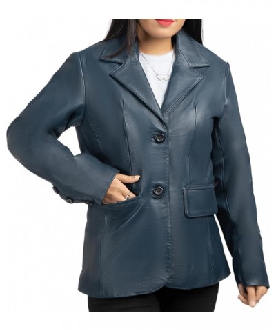 Classic 2 Women Leather Blazer -Lambskin jacket with Stylish Casual long Sleeves Coat Real Leather Jacket Women Blue $47.25 C...