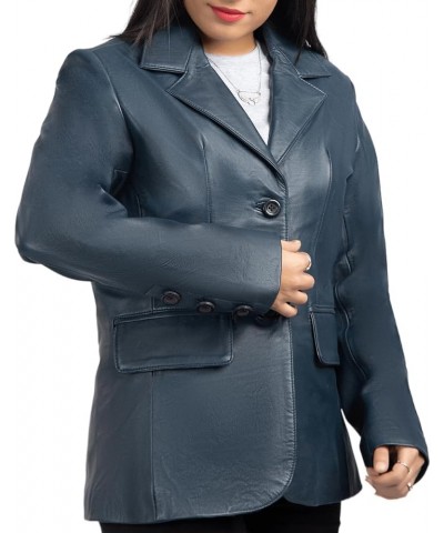 Classic 2 Women Leather Blazer -Lambskin jacket with Stylish Casual long Sleeves Coat Real Leather Jacket Women Blue $47.25 C...