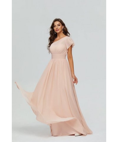 Women’s Chiffon One Shoulder Bridesmaid Dresses Long Backless Ruffle Sleeve Formal Evening Gowns Floor Length-rose Gold $36.7...