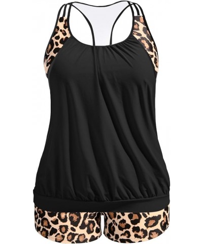 Plus Size Tankini Swimsuit for Women Two Piece Tummy Control Bathing Suit Blouson Racerback Tankini Top with Shorts Black Leo...