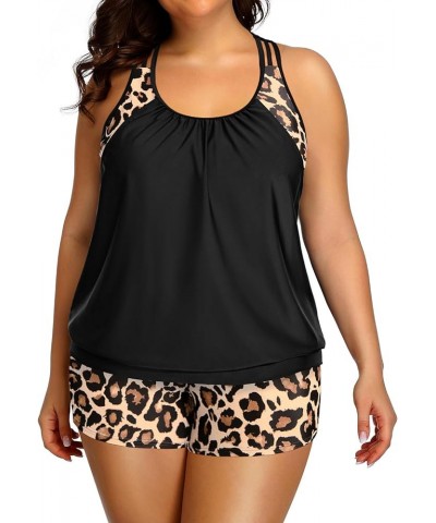 Plus Size Tankini Swimsuit for Women Two Piece Tummy Control Bathing Suit Blouson Racerback Tankini Top with Shorts Black Leo...