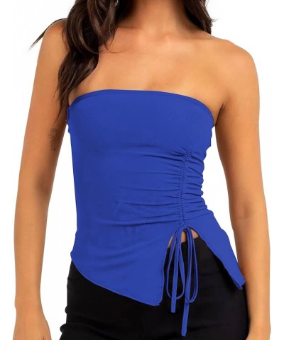 Women’s Strapless Sleeveless Tube Top Mesh Double Layer Ruched Side Asymmetrical Lace Up Bandeau Cami Tank Tops Blue $10.00 T...