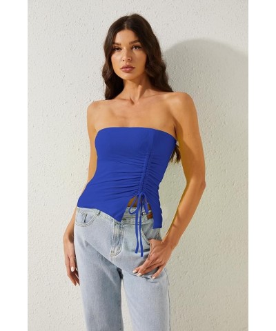 Women’s Strapless Sleeveless Tube Top Mesh Double Layer Ruched Side Asymmetrical Lace Up Bandeau Cami Tank Tops Blue $10.00 T...