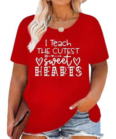 Plus Size Valentine's Day Shirts for Women Heart Print Graphic Tees Teacher Valentine Shirt Casual Tops Red-teach $10.12 Tops