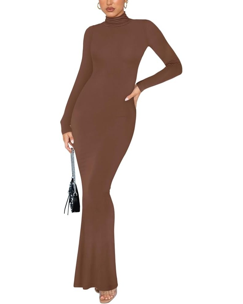 Women's Casual Mock Turtleneck Long Sleeve Elegant Long Dress Lounge Ribbed Bodycon Maxi Dresses Coffee $19.94 Dresses