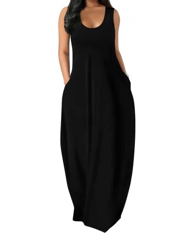 Women's Maxi Dresses Summer Spaghetti Strap Dress with Pockets Cg1- Black $19.59 Dresses