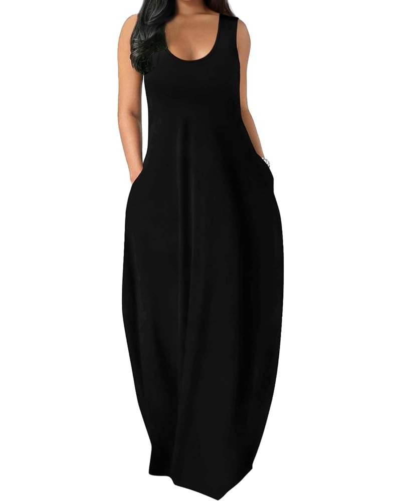 Women's Maxi Dresses Summer Spaghetti Strap Dress with Pockets Cg1- Black $19.59 Dresses