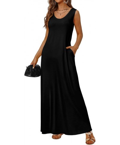 Women's Maxi Dresses Summer Spaghetti Strap Dress with Pockets Cg1- Black $19.59 Dresses