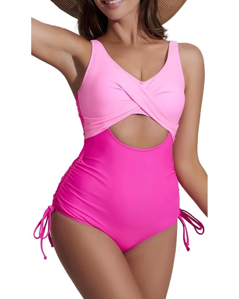 One Piece Swimsuits for Women, Tummy Control High Waisted Lace Up Twist Front Cutout Ruched Bathing Suit Hot Pink $14.19 Swim...