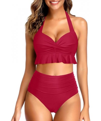 Women Two Piece High Waisted Bikini Sets Halter Push Up Swimsuits Tummy Control Bathing Suits Red $20.87 Swimsuits