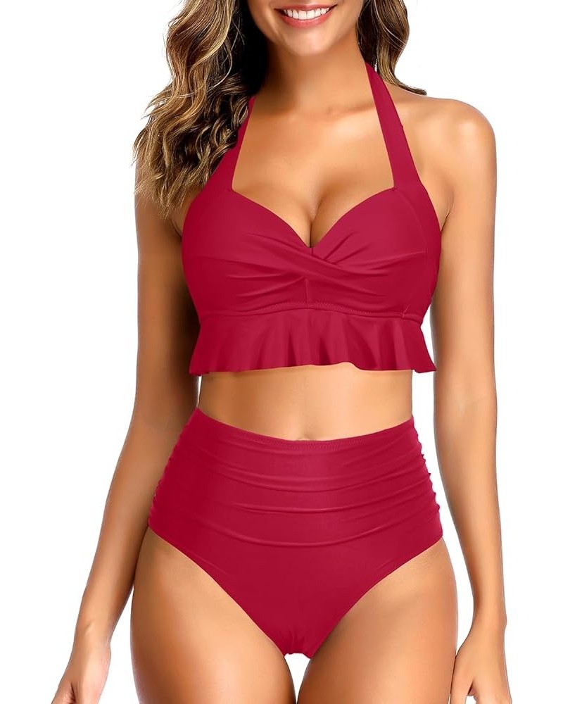 Women Two Piece High Waisted Bikini Sets Halter Push Up Swimsuits Tummy Control Bathing Suits Red $20.87 Swimsuits