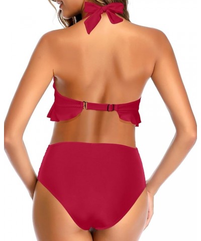 Women Two Piece High Waisted Bikini Sets Halter Push Up Swimsuits Tummy Control Bathing Suits Red $20.87 Swimsuits