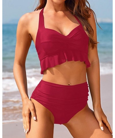 Women Two Piece High Waisted Bikini Sets Halter Push Up Swimsuits Tummy Control Bathing Suits Red $20.87 Swimsuits