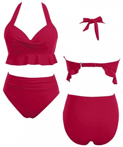 Women Two Piece High Waisted Bikini Sets Halter Push Up Swimsuits Tummy Control Bathing Suits Red $20.87 Swimsuits