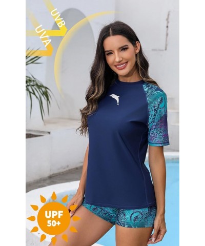 Women Two Piece Rash Guard Set UPF 50 Short Sleeve Swim Shirt with Board Shorts Navy Blue Printed Top+printed Bottoms $19.11 ...