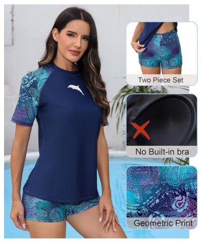 Women Two Piece Rash Guard Set UPF 50 Short Sleeve Swim Shirt with Board Shorts Navy Blue Printed Top+printed Bottoms $19.11 ...