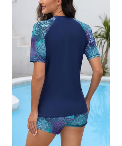 Women Two Piece Rash Guard Set UPF 50 Short Sleeve Swim Shirt with Board Shorts Navy Blue Printed Top+printed Bottoms $19.11 ...