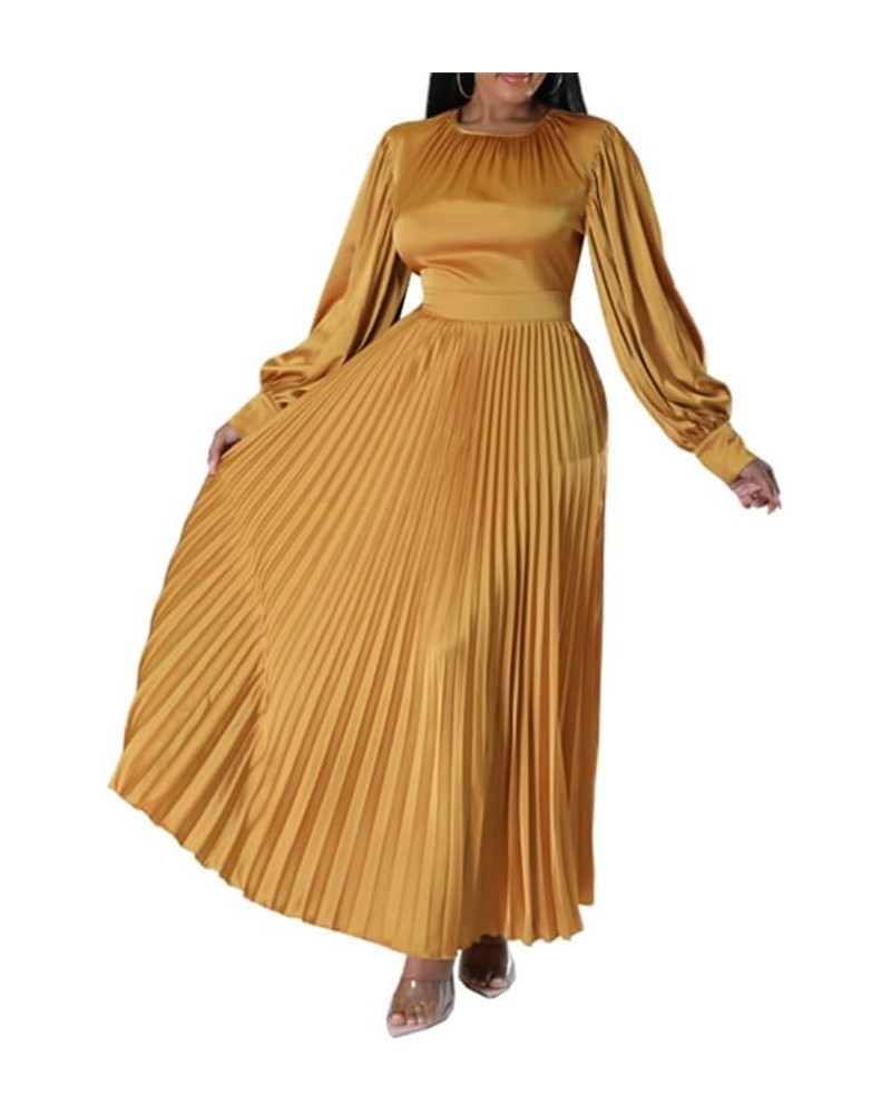 Plus Size Dresses for Curvy Women Formal Long Sleeve Crew Neck Solid Color High Waist Ruffle Date Dinner Long Dress Yellow $1...