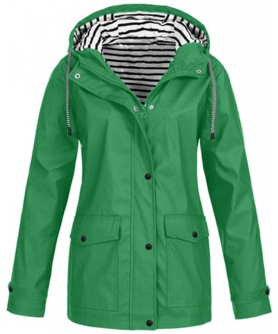 Waterproof Rain Jacket for Women Solid Stripe Hooded Windbreaker Lightweight Windproof Packable Pockets Rain Coat 02-green $1...