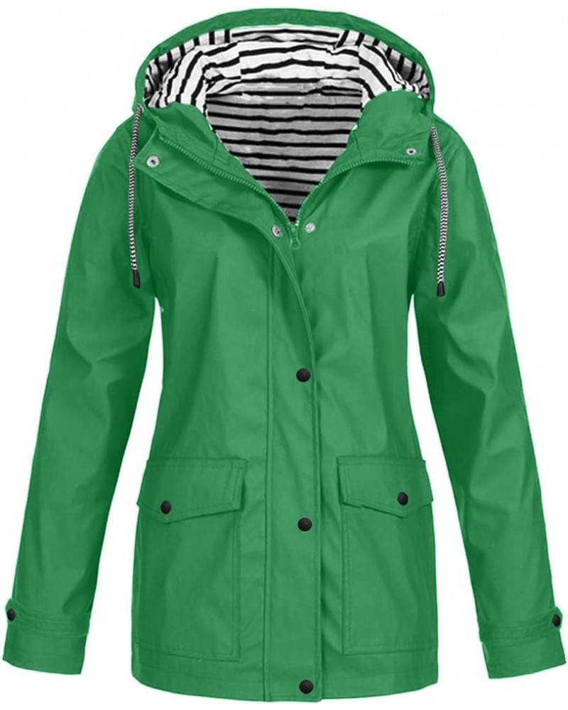 Waterproof Rain Jacket for Women Solid Stripe Hooded Windbreaker Lightweight Windproof Packable Pockets Rain Coat 02-green $1...