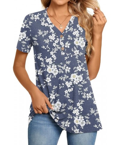 Womens Henley Tunic Tops Button Up T-Shirts Short Sleeve V-Neck Casual Blouses Floret White $12.99 Tops