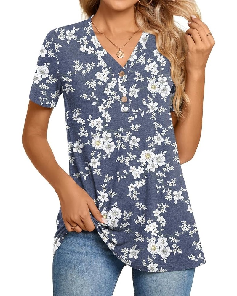 Womens Henley Tunic Tops Button Up T-Shirts Short Sleeve V-Neck Casual Blouses Floret White $12.99 Tops