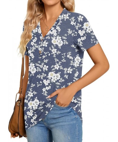 Womens Henley Tunic Tops Button Up T-Shirts Short Sleeve V-Neck Casual Blouses Floret White $12.99 Tops