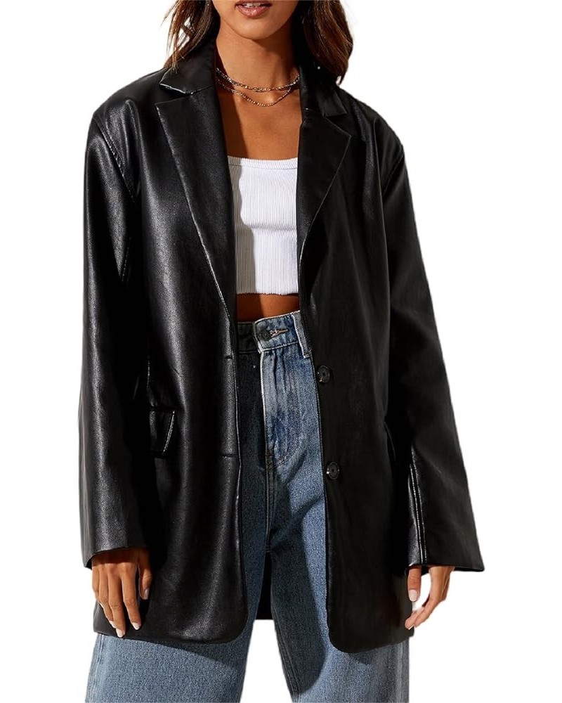 Women Faux Leather Blazer Fashion Lapel Collar PU Jackets Vegan Motorcycle Cropped Coat Casual Oversized Outwear L-black $9.6...